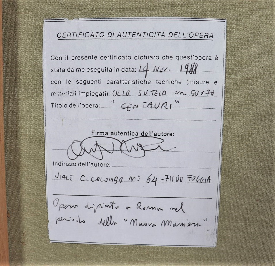 "Centauri". Firmato e datato 1988, dipinto ad olio su tela