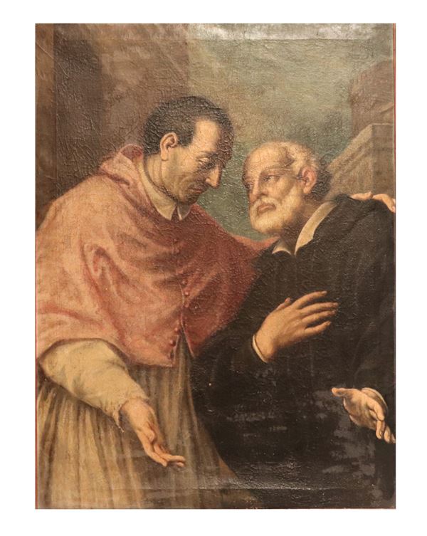 Scuola Napoletana Fine XVII Secolo - &quot;San Carlo and San Filippo Neri&quot; oil painting on canvas