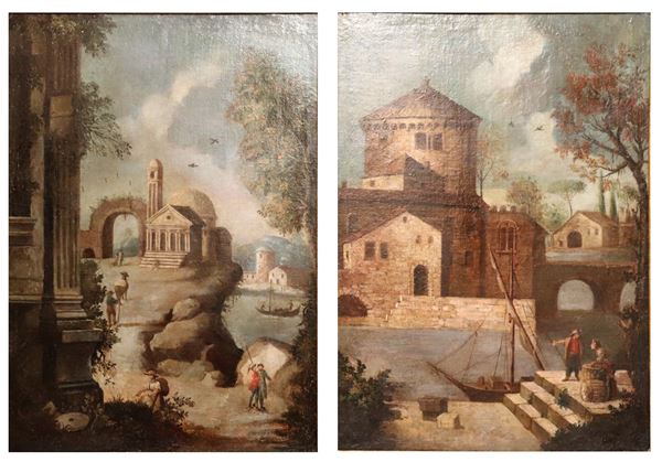 Maestro Veneto Fine XVII Secolo - &quot;Views of villages with ruins, harbor and characters&quot; pair of oil paintings on canvas