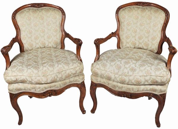 Pair of Louis XV Venetian armchairs in pickled walnut