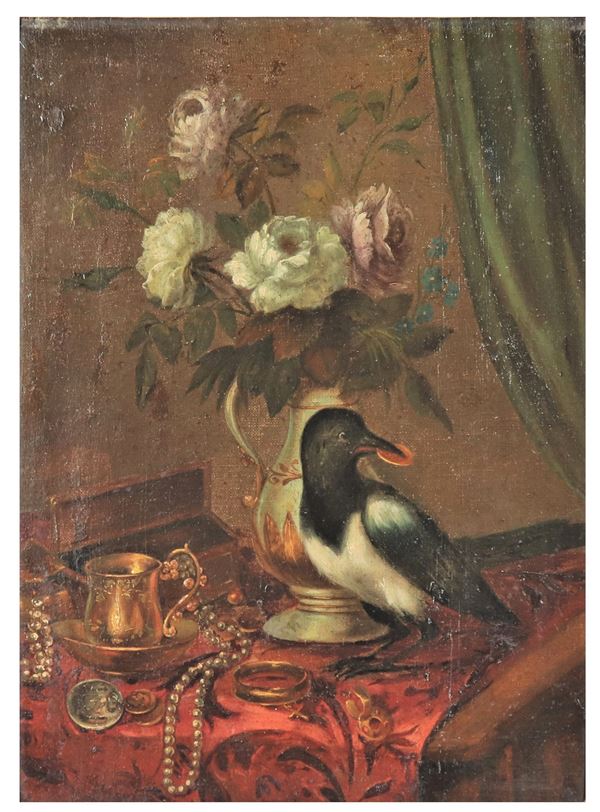 Maestro Fiammingo Fine XVII Secolo - &quot;La gazza ladra con vaso di fiori e gioielli&quot; dipinto ad olio su tela