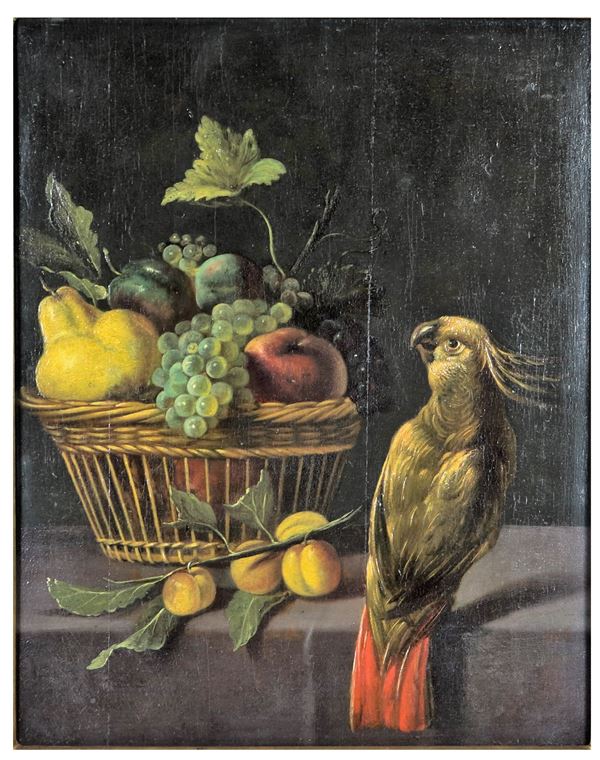 Melchior de Hondecoeter - &quot;Natura morta di frutta con cesto e pappagallo&quot; dipinto ad olio su tavola