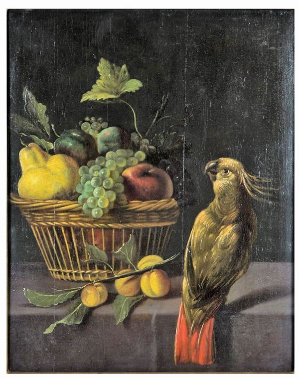 Melchior de Hondecoeter - &quot;Still life of fruit with basket and parrot&quot; oil painting on wood