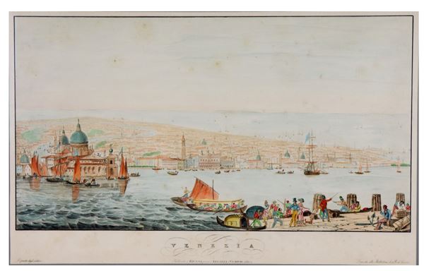 Incisione acquarellata su carta &quot;Veduta di Venezia con la laguna&quot;