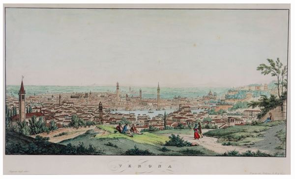 Watercolored etching on paper &quot;View of Verona&quot;