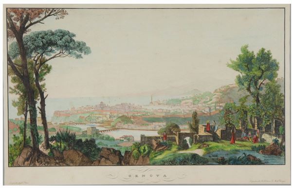 Incisione acquarellata su carta &quot;Veduta di Genova&quot;