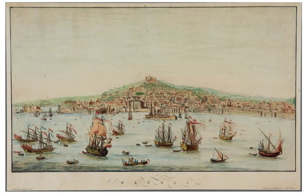 Incisione acquarellata su carta &quot;Veduta di Napoli con il porto e navi alla fonda&quot;