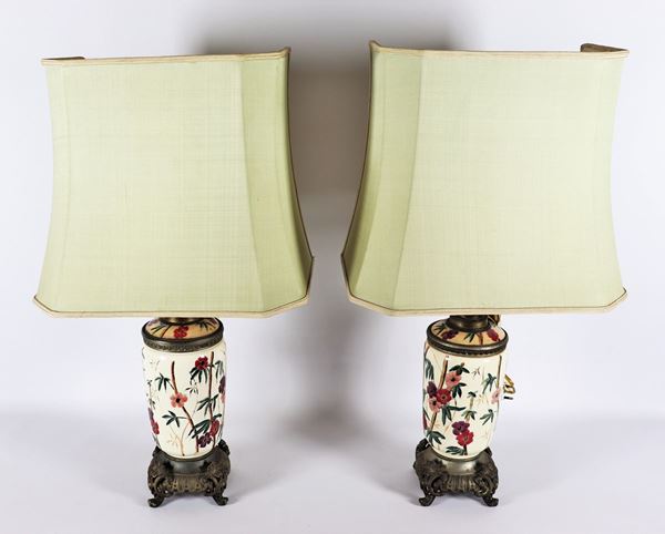 Pair of antique French porcelain oil lamps with bronze bases