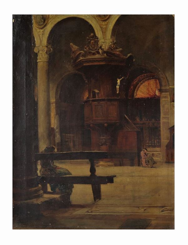 Pittore Italiano Fine XIX Secolo - &quot;Interno di chiesa con fedeli&quot;. Siglato e datato 1877, dipinto ad olio su tela