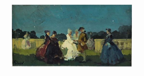 Scuola Italiana Fine XIX Secolo - "Ballo in maschera a Casamicciola". Firmato. Dipinto ad olio su compensato
