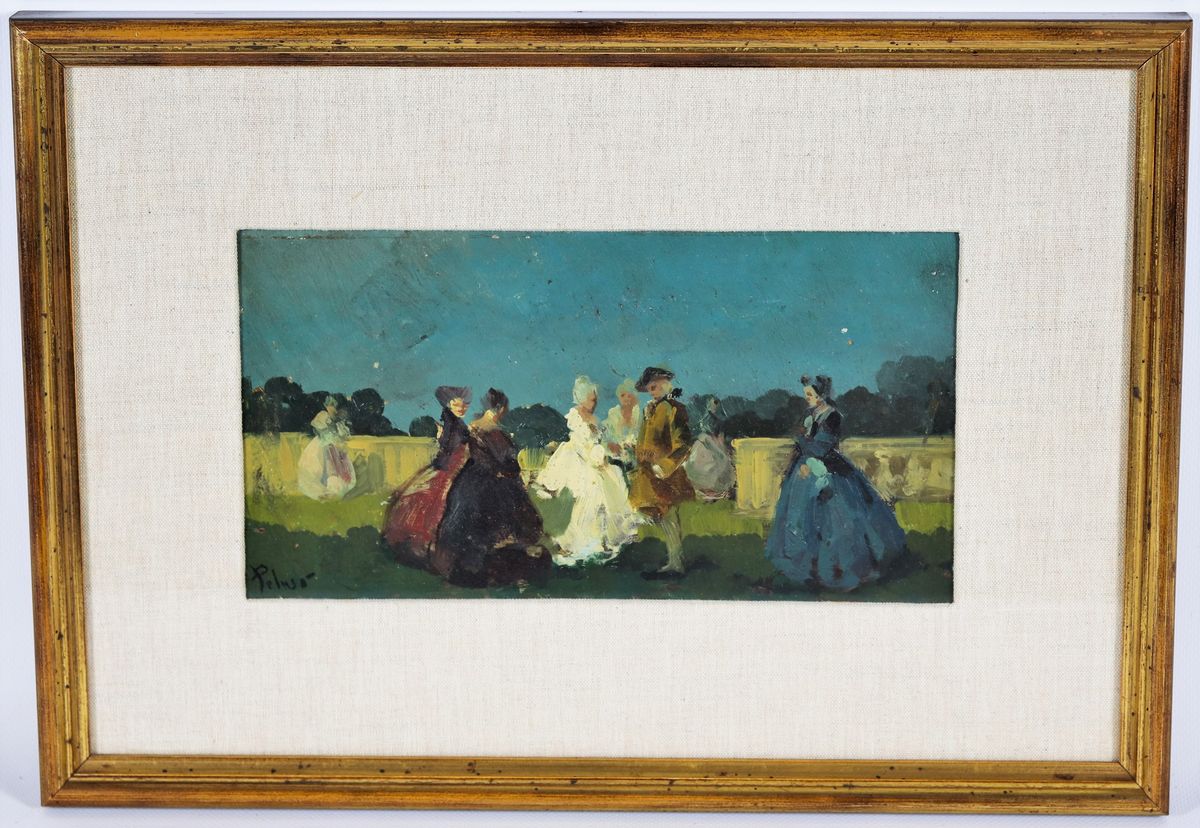 "Ballo in maschera a Casamicciola". Firmato. Dipinto ad olio su compensato