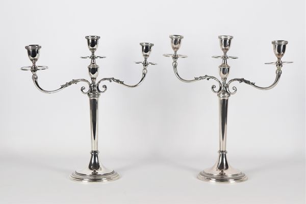 Pair of three-flame candelabra in silver gr 1150