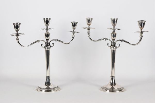 Pair of three-flame candelabra in silver gr 1150