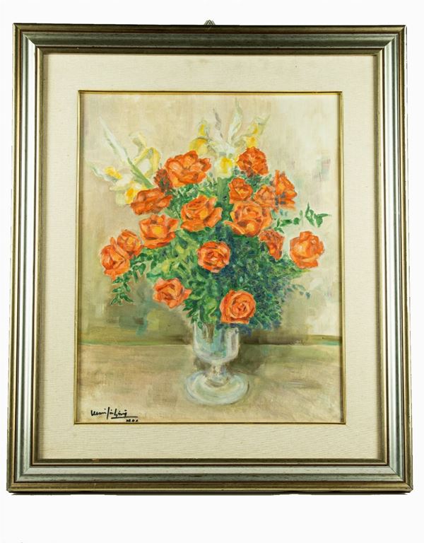 Pittore Italiano XX Secolo - &quot;Vase with bunch of roses&quot;. Signed.