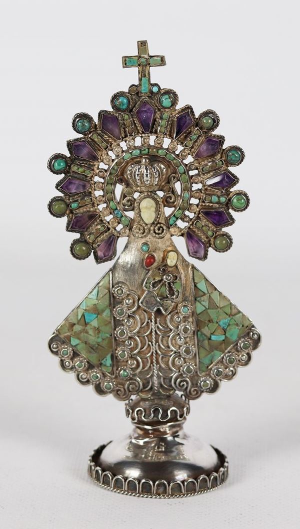 Madonnina messicana in argento 925 e pietre dure gr 90