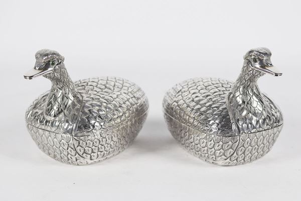 Coppia di scatole a forma di anatre in argento Sterling 925 gr 1080