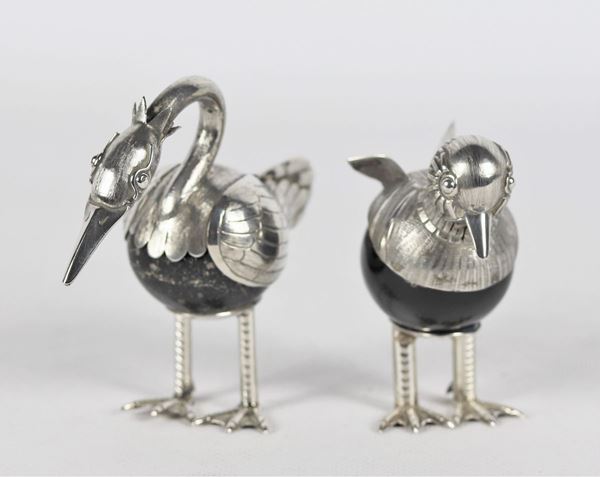 Lotto di due uccelli sudamericani in argento Sterling 925 e marmo