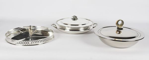 Lot of two round vegetable dishes and a silver metal appetizer dish
