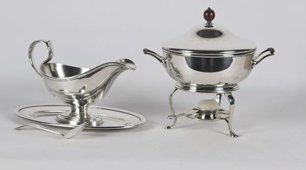 Gravy boat and egg warmer with silver metal spirits bowl