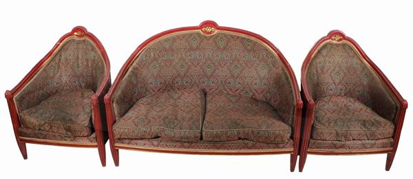 French Liberty living room in red and gold lacquered wood (7 pcs)