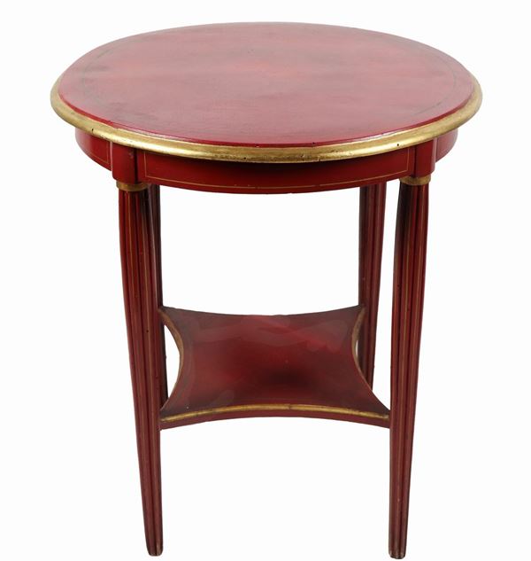 Tavolinetto tondo francese Liberty in legno laccato rosso e oro