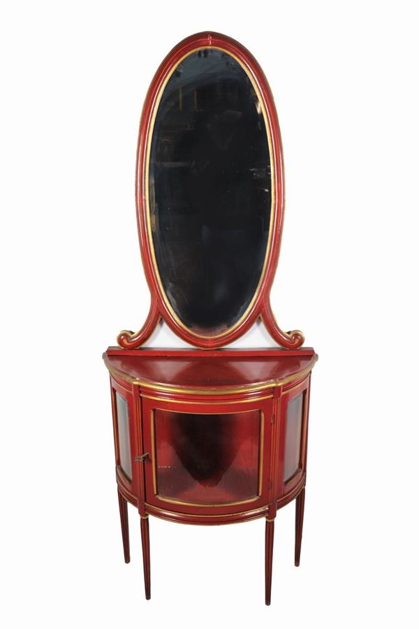 French Liberty half-moon display cabinet with overlying mirror in red and gold lacquered wood