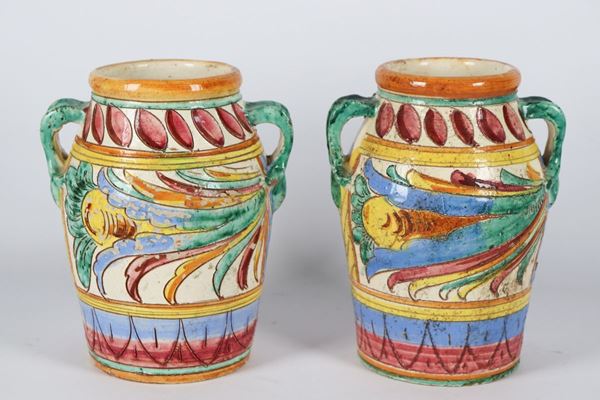Pair of majolica and enamelled terracotta vases