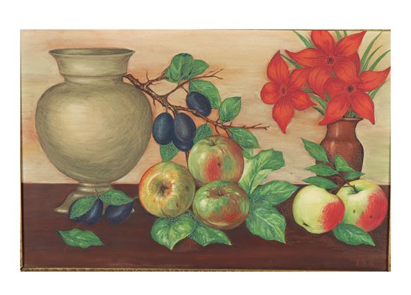 Tita (Battista) Dondelli - "Natura morta di fiori, vasellame e frutta". Firmato, dipinto ad olio su tela