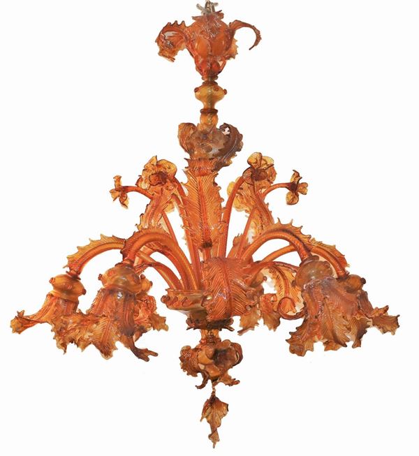 Murano blown glass chandelier in amber color