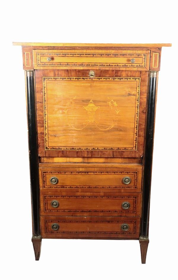 Empire line Lombard secretaire in walnut with inlays
