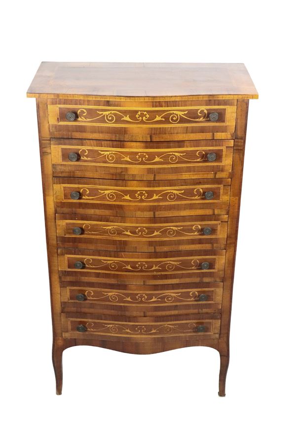 Venetian chest of drawers in walnut with floral scrolls inlays