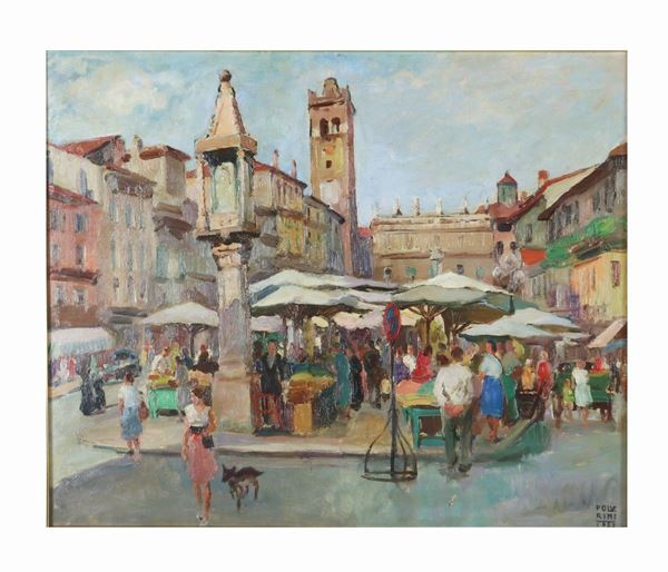 Luigi Polverini - &quot;Piazza delle Erbe a Verona con il mercato&quot;. Firmato e datato 1952, dipinto ad olio su tela