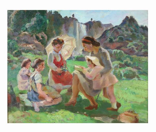 Luigi Polverini - &quot;Picnic alla Cascata delle Marmore&quot;- Firmato, dipinto ad olio su tela