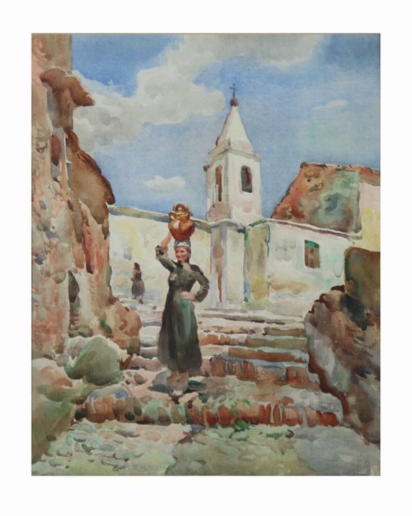 Pittore Italiano Inizio del '900 - &quot;Vicolo di paese con scalinata e contadina&quot;. Tracce di firma, dipinto ad olio su tela