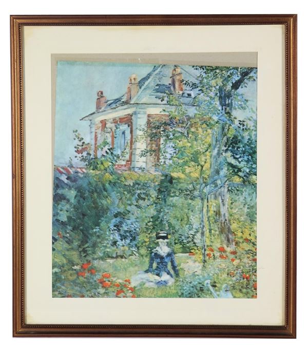 Stampa colorata &quot;Veduta di villa con parco e dama&quot;