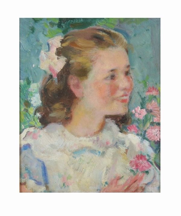 Pittore Italiano Inizio del '900 - &quot;Giovane fanciulla con fiori&quot;, dipinto ad olio 