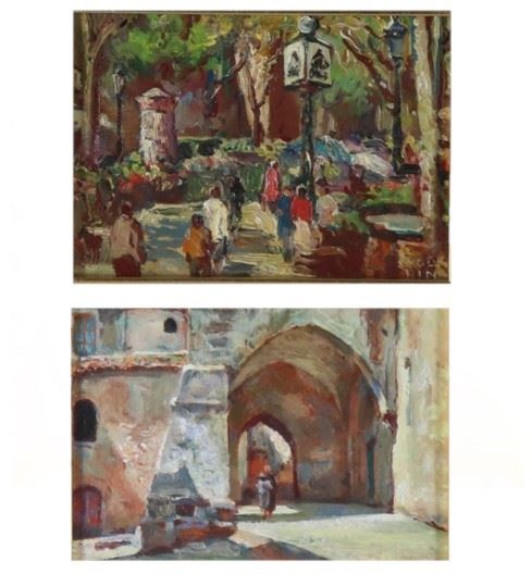 Pittore Italiano Inizio del '900 - "Passeggiata nel parco" e "Scorcio di vicolo di paese" coppia di piccoli dipinti ad olio