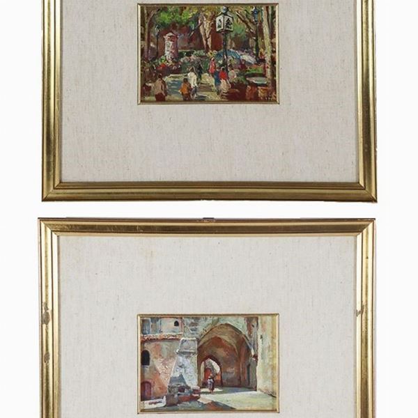 Pittore Italiano Inizio del '900 - &quot;Passeggiata nel parco fiorito&quot;. Firmato, piccolo dipinto ad olio