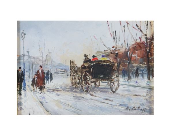 Pittore Italiano Inizio del '900 - &quot;Carriage ride in winter&quot;. Signed, small oil painting