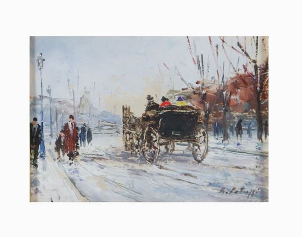 Pittore Italiano Inizio del '900 - &quot;Passeggiata in carrozza in inverno&quot;. Firmato, piccolo dipinto ad olio