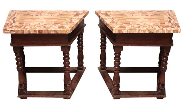 Pair of antique Bolognese consoles in walnut with Palombara alabaster marble tops