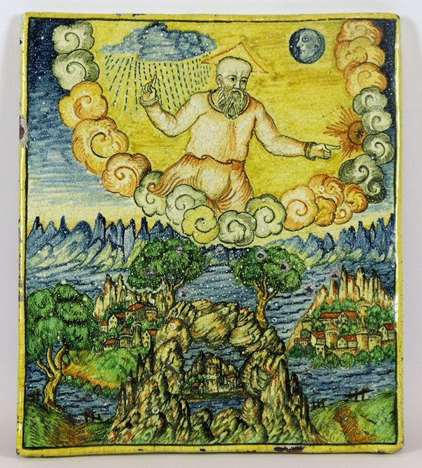 Mattonella in maiolica italiana &quot;Paesaggio con Dio Padre&quot;