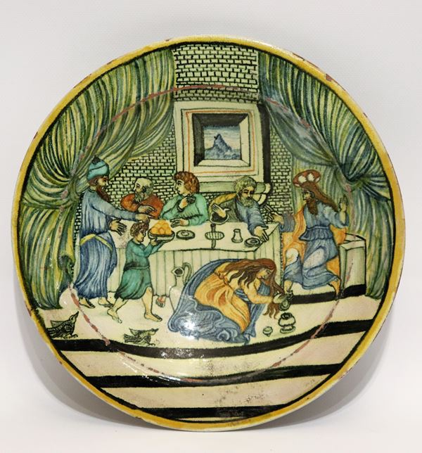 Pesaro majolica plate with colorful scene &quot;The Magdalene washes Jesus&#39; feet&quot;