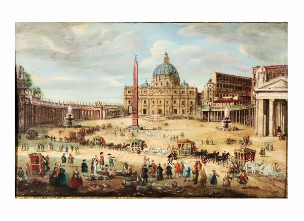 Scuola Italiana Fine XIX - Inizio XX Secolo - &quot;Veduta di Piazza San Pietro con carrozze e personaggi&quot; dipinto ad olio su rame 