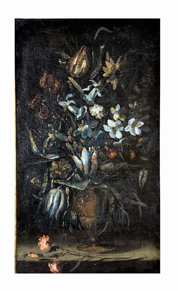 Scuola Lombarda Inizio XIX Secolo - &quot;Natura morta con vaso e mazzo di fiori&quot; dipinto ad olio su tela