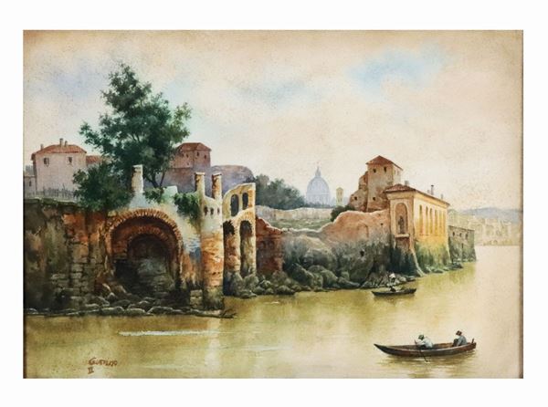 Scuola Italiana Fine XIX Secolo - &quot;View of the Tiber with the Cloaca Massima&quot; watercolor on paper