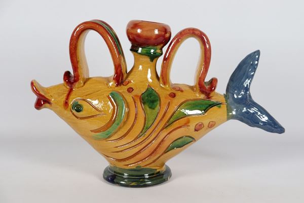 Flask in the shape of a &quot;Fish&quot; in majolica and enamelled terracotta. Signed Ferraro