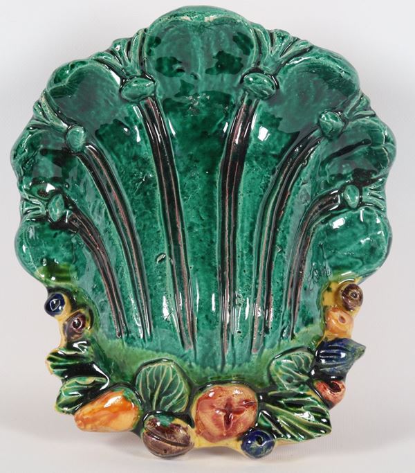 Wall flower holder in majolica and enamelled terracotta. Signed Ferraro