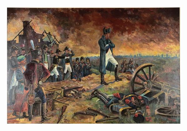 Pittore Francese Fine XIX Secolo - &quot;Napoleone assiste all&#39;incendio di Mosca&quot;. Firmato, dipinto ad olio su tela