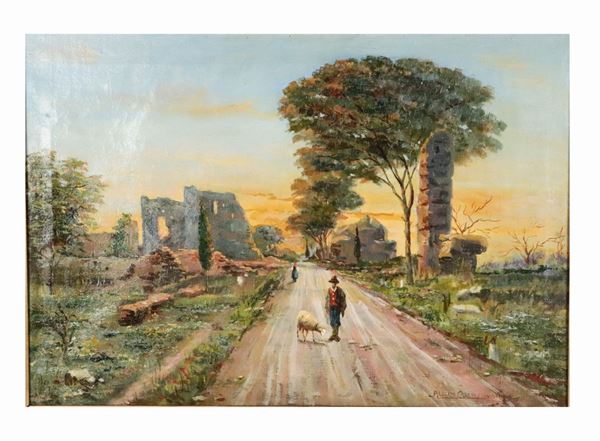 Pittore Italia Centrale Fine XIX Secolo - &quot;Veduta dell&#39;Appia Antica con pastorello e contadina&quot; dipinto ad olio su tela